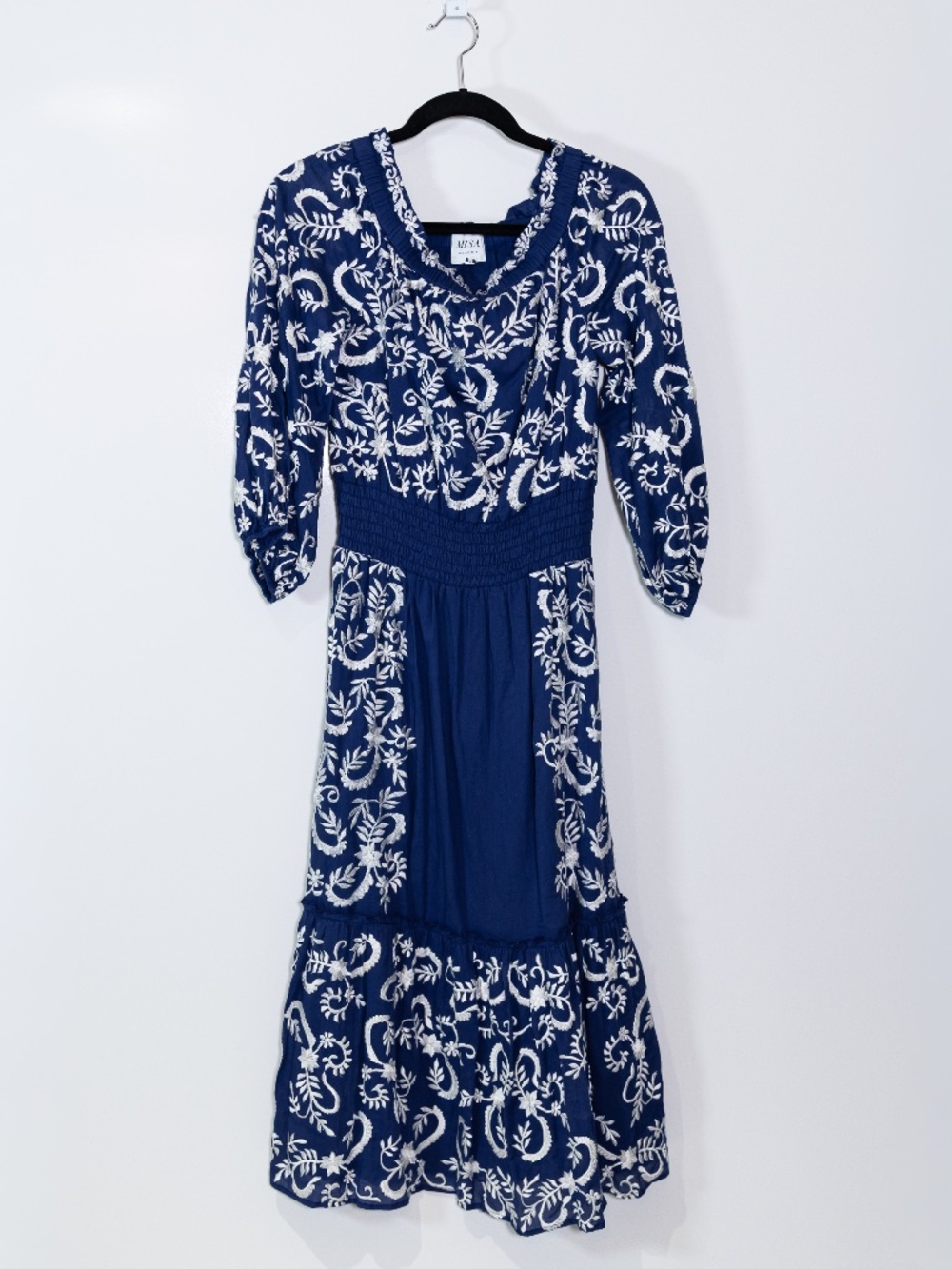 Misa Lilou Embroidered Off The Shoulder Cotton Midi Navy Blue White Dress Medium